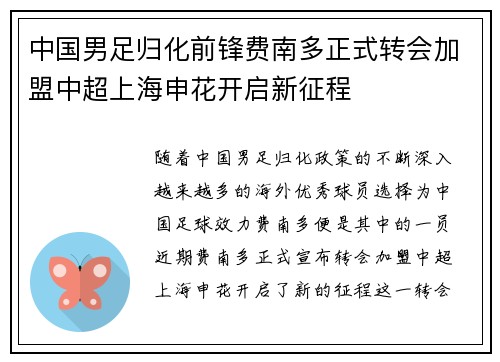 中国男足归化前锋费南多正式转会加盟中超上海申花开启新征程