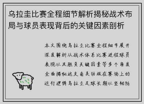 乌拉圭比赛全程细节解析揭秘战术布局与球员表现背后的关键因素剖析